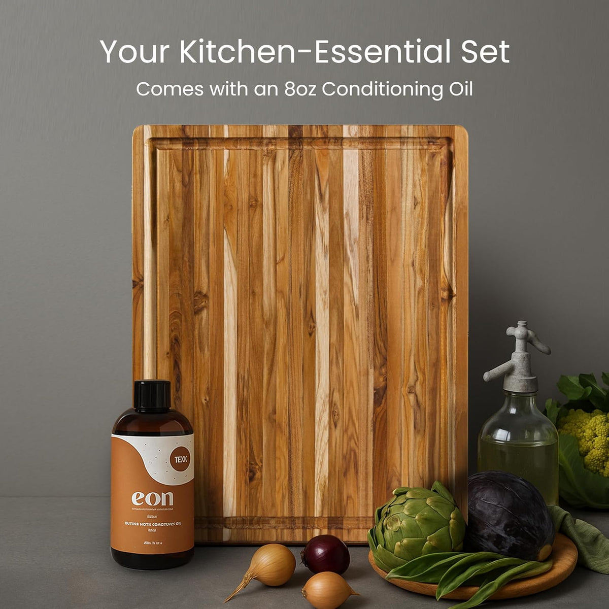 Teakhaus Carving Board and Cutting Board Oil Set - Includes Large (L) Wood Cutting Board with Juice Groove and EON Food Grade Mineral Oil - Knife-Friendly - FSC Certified