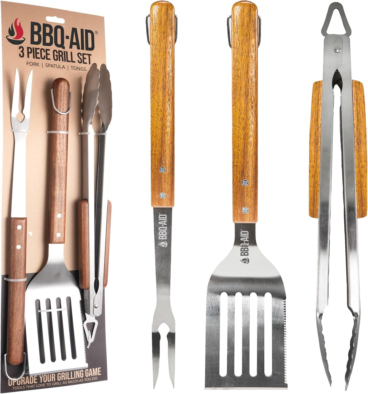 3 Piece BBQ Grilling Accessories Set - BBQ Tongs Spatula Fork Set - Heavy Duty Stainless Steel Barbecue Grill Tools with Solid Hard Wood Handles Great Gift Set