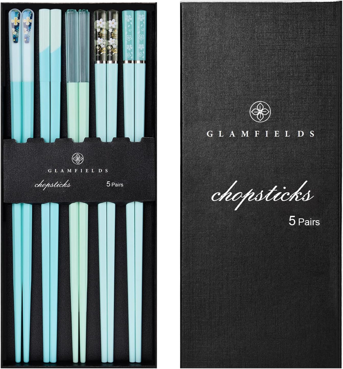 Chopsticks Reusable Dishwasher Safe, GLAMFIELDS 5 Pairs 9.5 Inches Premium Chop Sticks Set for Sushi, Ramen, Asian Cuisine, Matte Non-slip with Gift Case, Light Blue