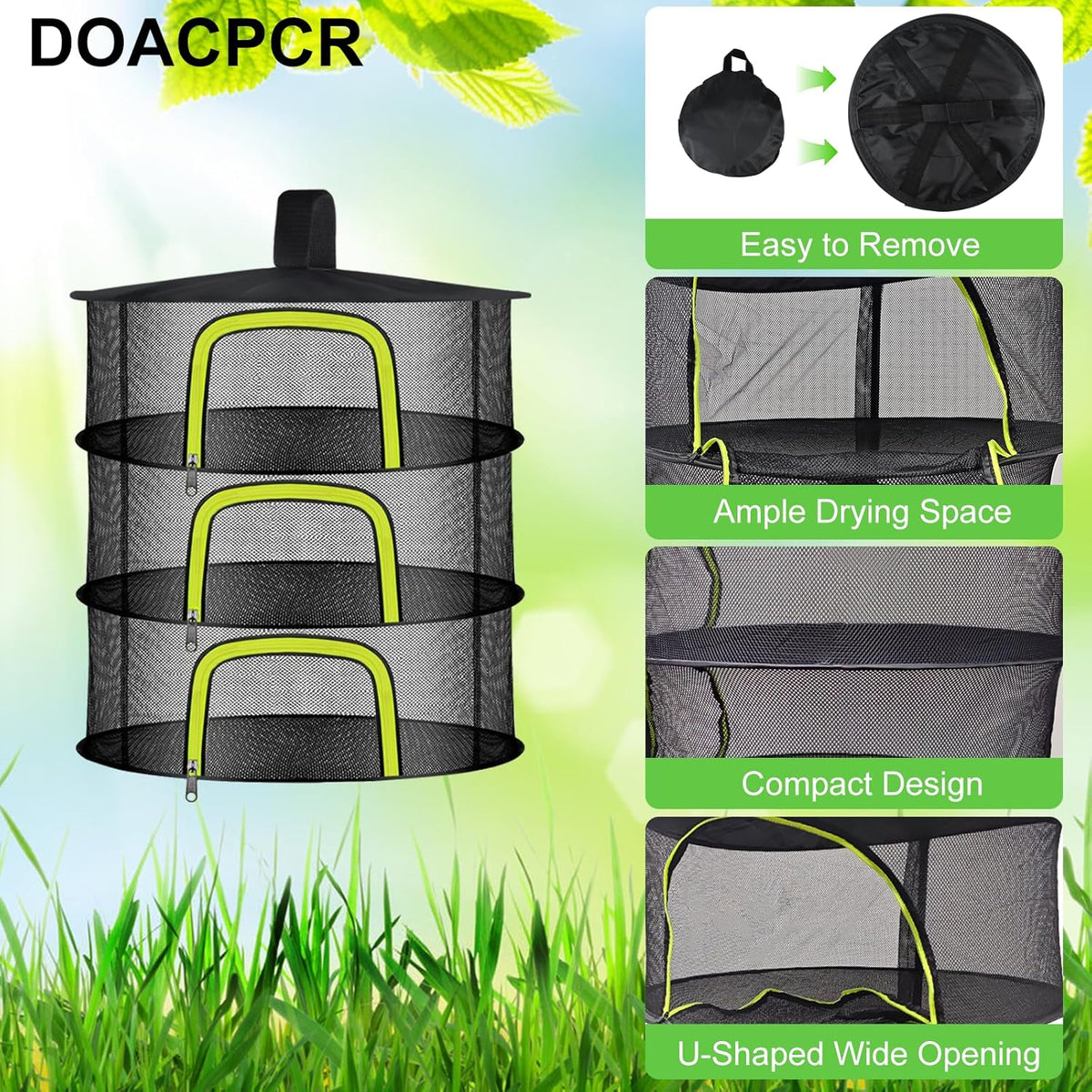 3 Layer Herb Drying Rack, Herb Drying Rack Hanging Mesh, Foldable Bud Drying Net with U-Shaped Zipper, Hooks, for Drying Herbs Plants, Flowers, Fruits, Food, Camping (3 Layers-23.62'')