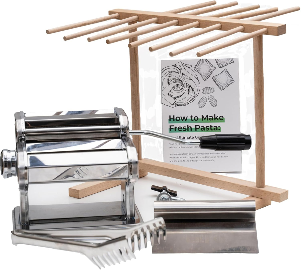 Cotswold Homeware Stainless Steel Pasta Making Machine with Adjustable Thickness Settings | Wooden Pasta Drying Rack | Pasta Cutter Scraper and Pasta Serving Tongs