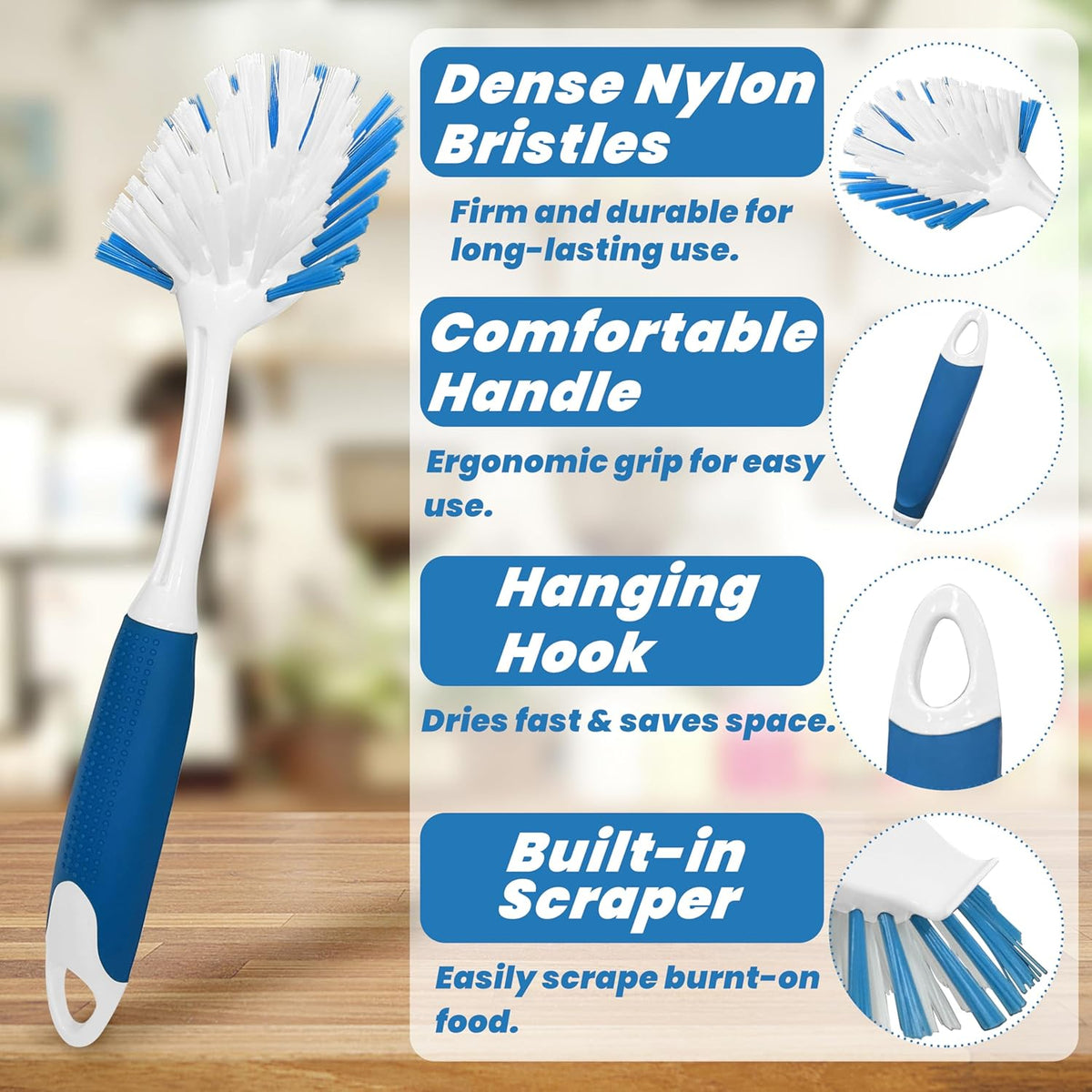 PHYEX 2-Pack Dish Brushes with Scraper, Durable Nylon Bristles Kitchen Scrub Brush, Dish Scrubber with Handle for Pans, Sink, Bathroom