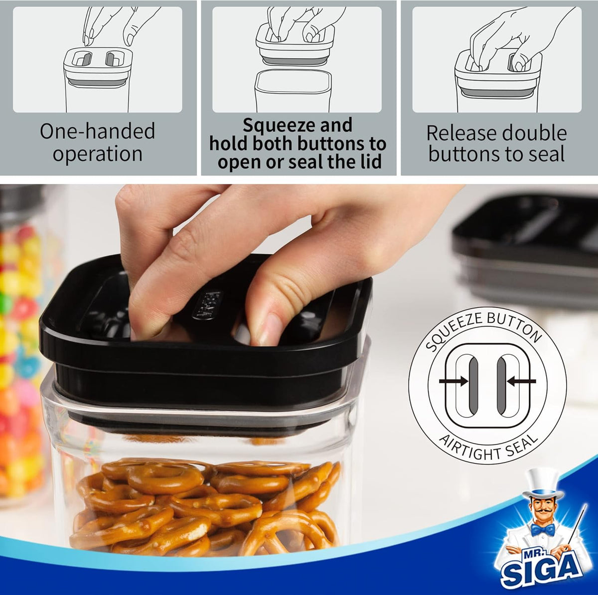 MR.SIGA 4 Pack Airtight Food Storage Container Set, BPA Free Kitchen Pantry Organization Canisters, One-handed Airtight Cereal Snack Candy Storage Containers, 1 L / 34oz, Medium, Black