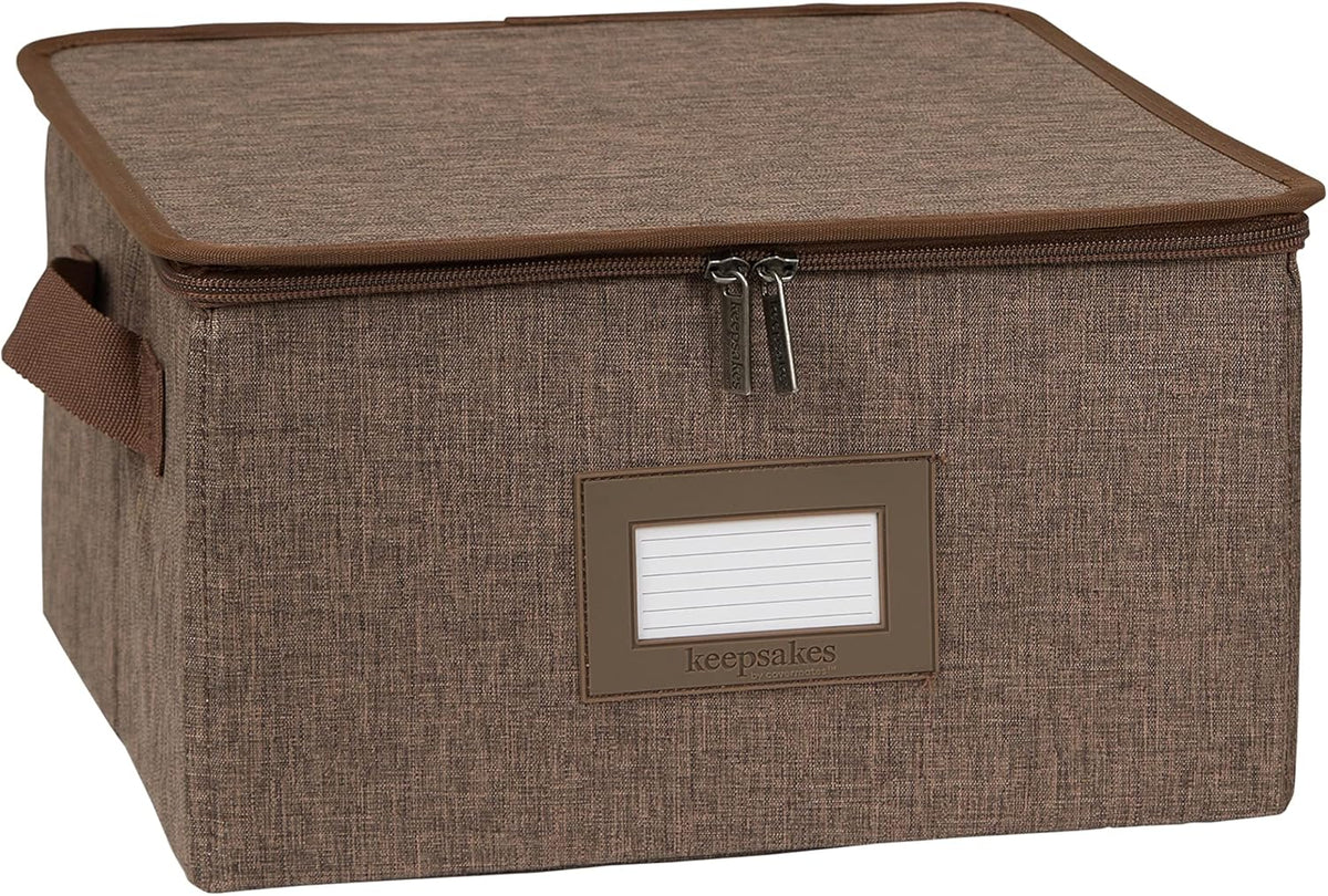 Covermates Keepsakes Dish Storage Box - Stackable, Reinforced Handles, China Storage, Brown Heather