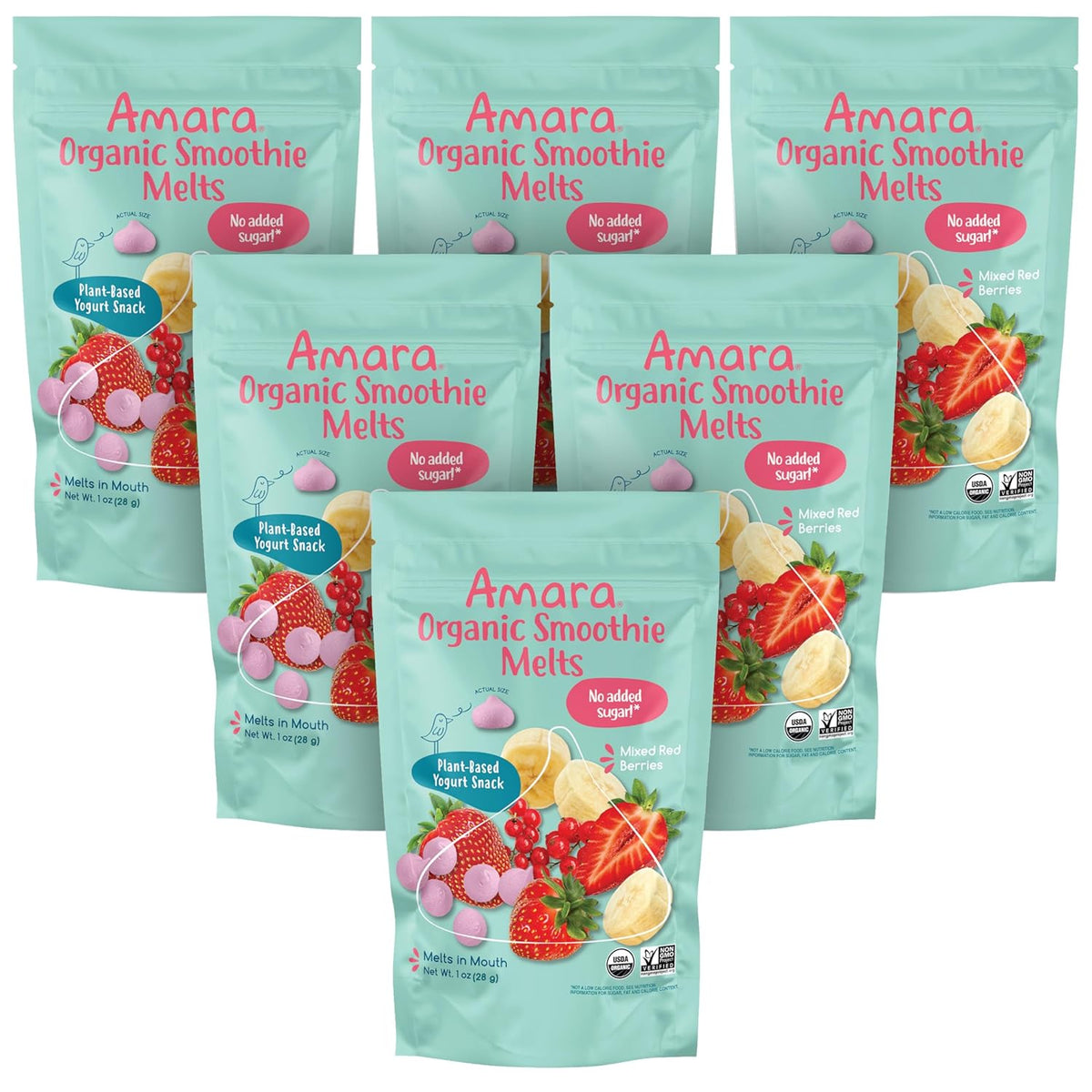 Amara Smoothie Melts - Mixed Red Berries - Baby Snacks Made With Fruits and Vegetables - Healthy Toddler Snacks For Your Kids Lunch Box - Organic Plant Based Yogurt Melts - 6 Resealable Bags