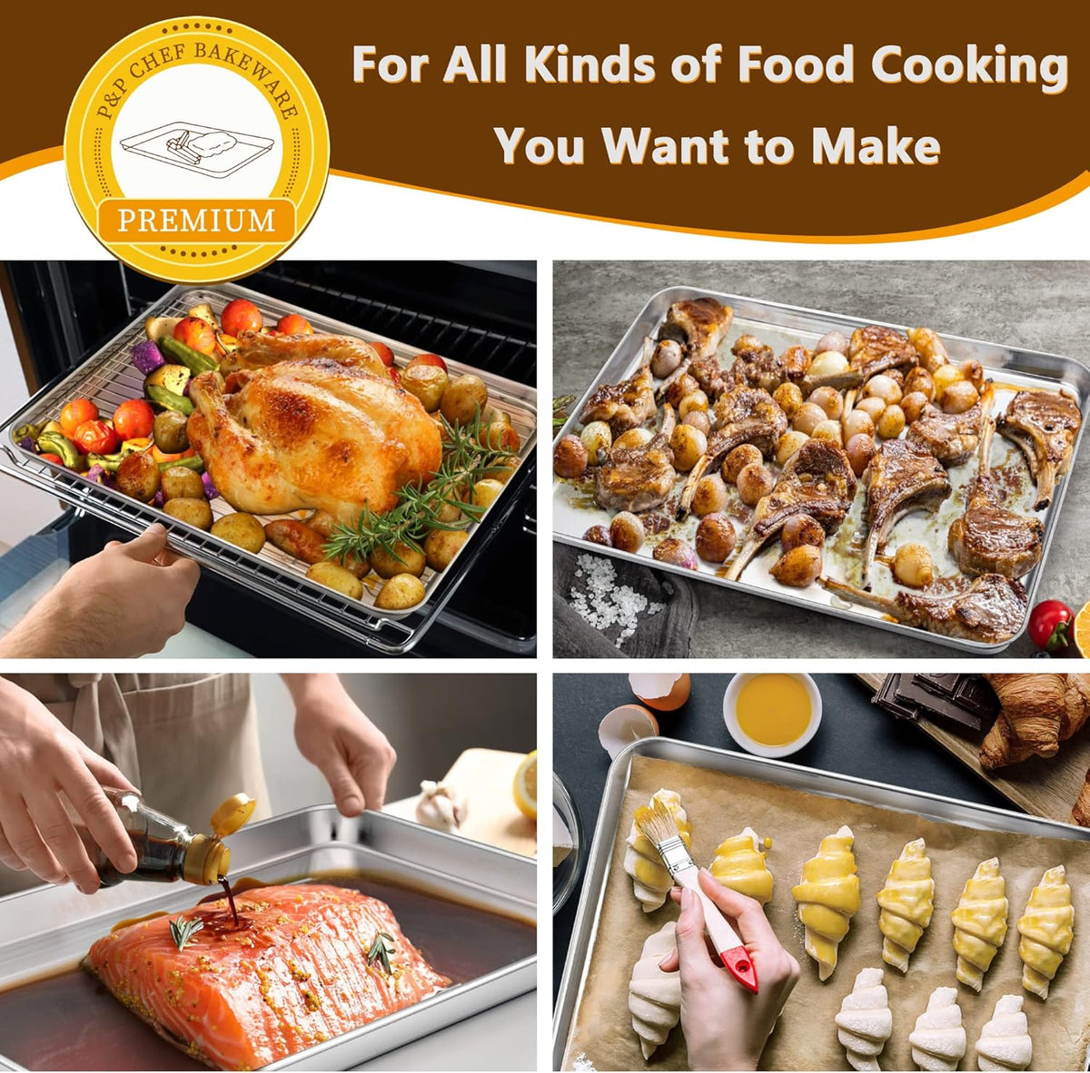 P&P CHEF 16 Inch Baking Sheet Pan with Rack Set, Stainless Steel Cookie Sheet Pan Tray with Cooling Rack for Oven Use, Cooking Roasting, Non Toxic & Dishwasher Safe, Heavy Duty