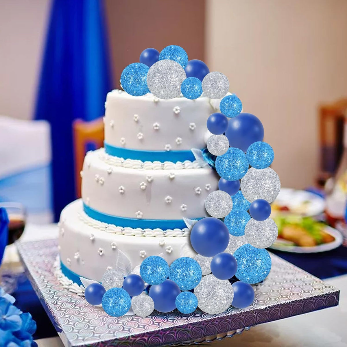 BEISHIDA 40 Pcs Ball Cake Toppers Mini Balls Cake Decorations Blue Silver Foam Balls Sticks DIY Cake Topper for Baking Congrats Grade 2025 Graduation Birthday Winter Party Decorations (Blue Silver)