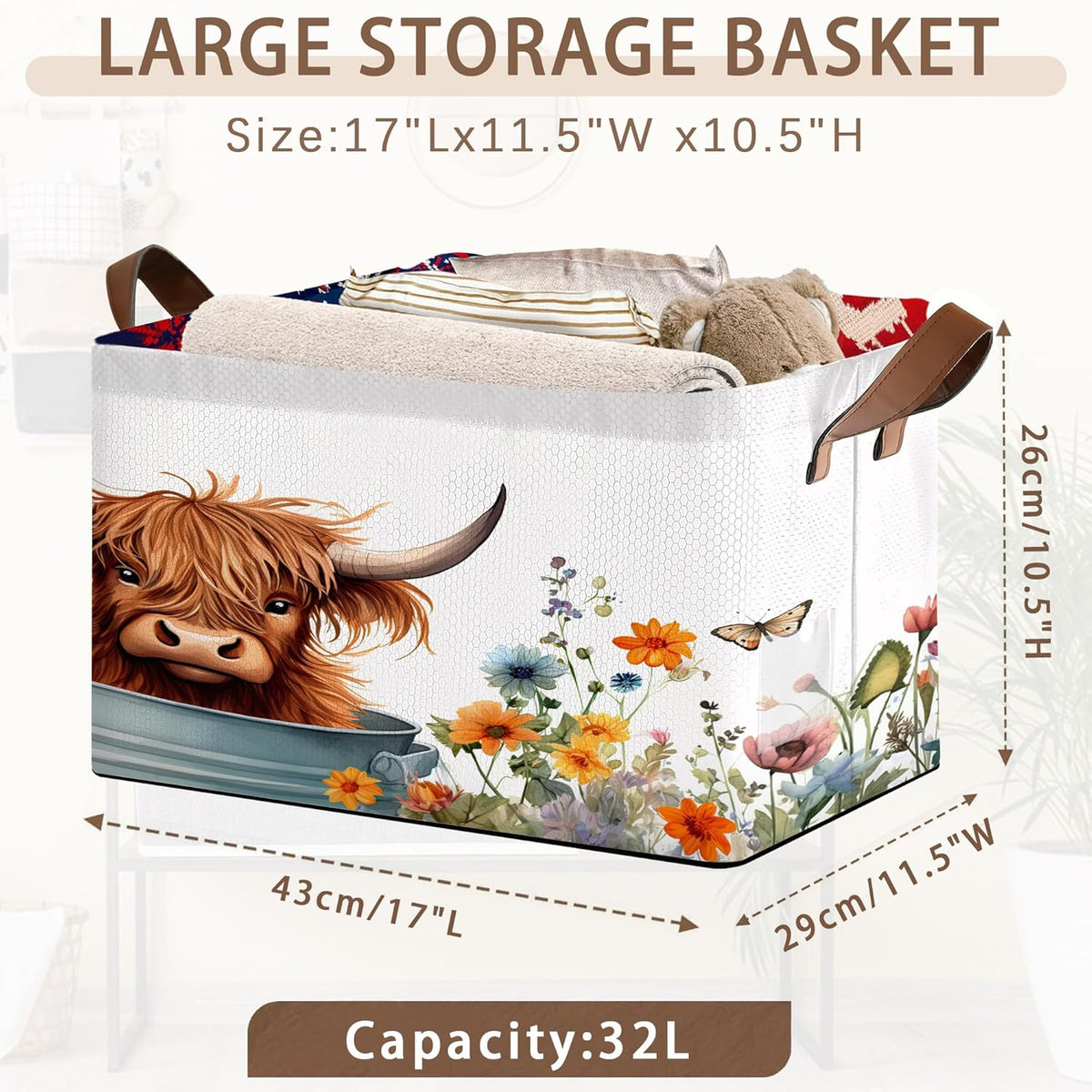 Farm Animal Storage Basket Large 17x11.5x10.5 Inche-Collapsible Fabric Organizer Bin with Handles for Nursery, Kids Room, Barnyard Theme-Decorative Hamper with Playful Cow Print Design-Single Pack