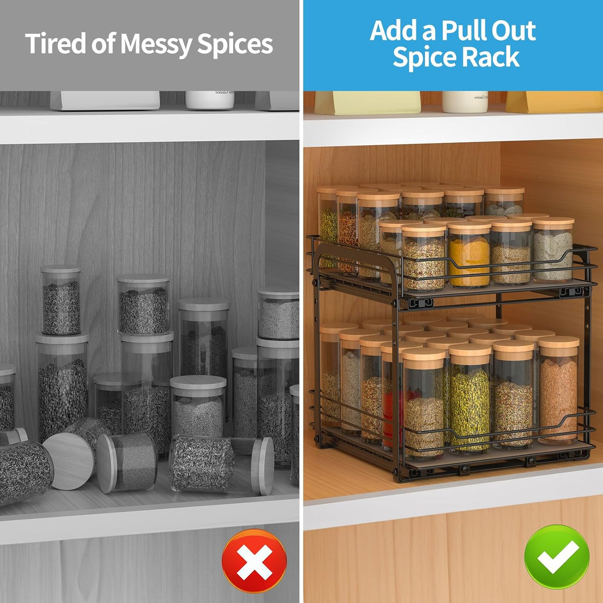 2-Tier Spice Rack, Pull Out Cabinet Organizer Spice Racks Height Adjustable Heavy Duty Metal Basket for Inside Cabinets & Pantry Closet(9.5''Wx10.5''Dx9.5''H)