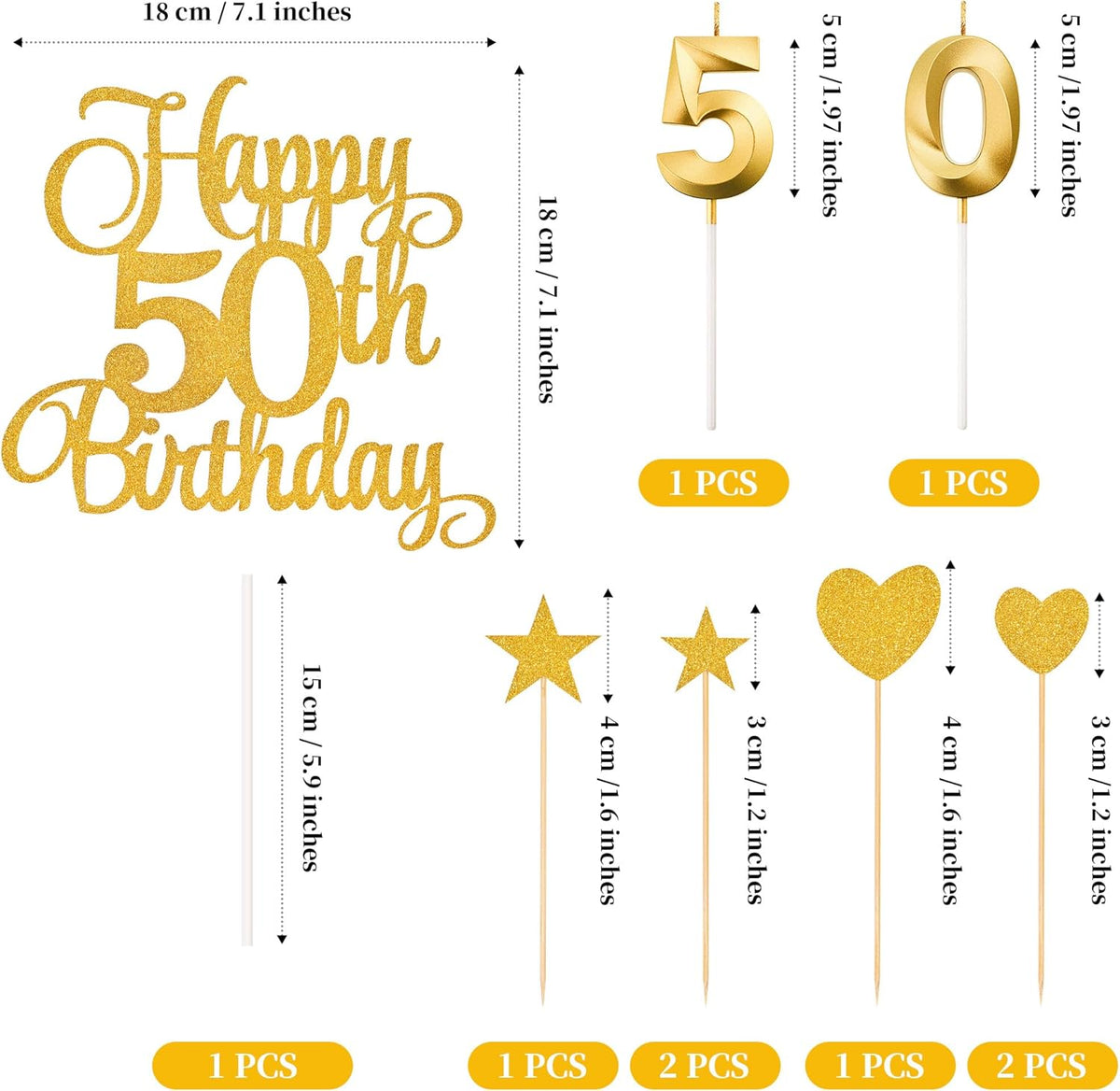 50th Birthday Cake Decorations, 50th Birthday Candles Cake Numeral Candles and Glitter Happy 50th Birthday Cake Toppers Set for Birthday Party Supplies (Gold)