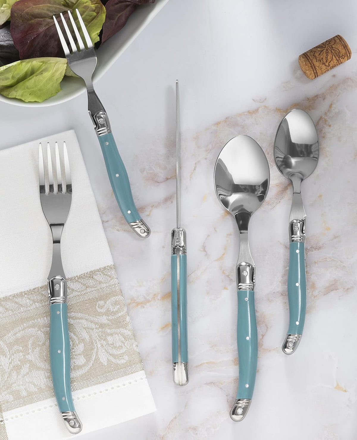 French Home Laguiole 20 Piece Flatware Set – Stainless Steel Flatware Set for 4 – Luxurious Aegean Teal Utensil Set with Knives, Spoons and Forks