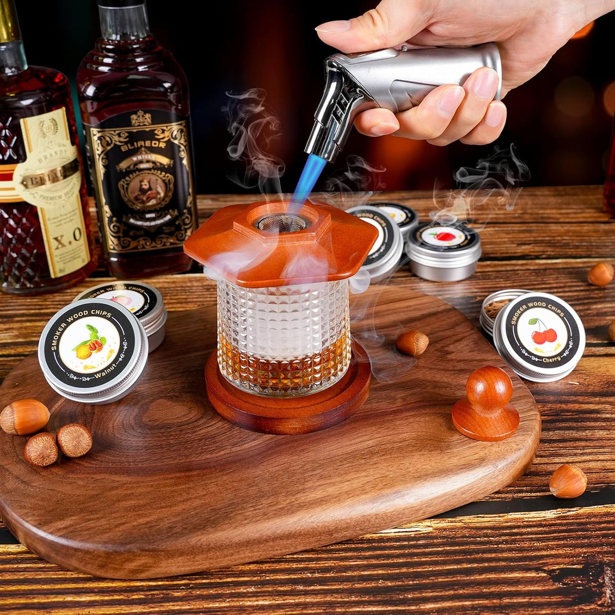 Whiskey Smoker Kit with Torch - 6 Flavors Wood Chips, 2 Rotatable Whiskey Glasses, 2 Ice Ball Molds - Cocktail Smoker Infuser Kit, Old Fashioned Smoker Kit, Birthday Gifts for Men, Dad(NO Butane)