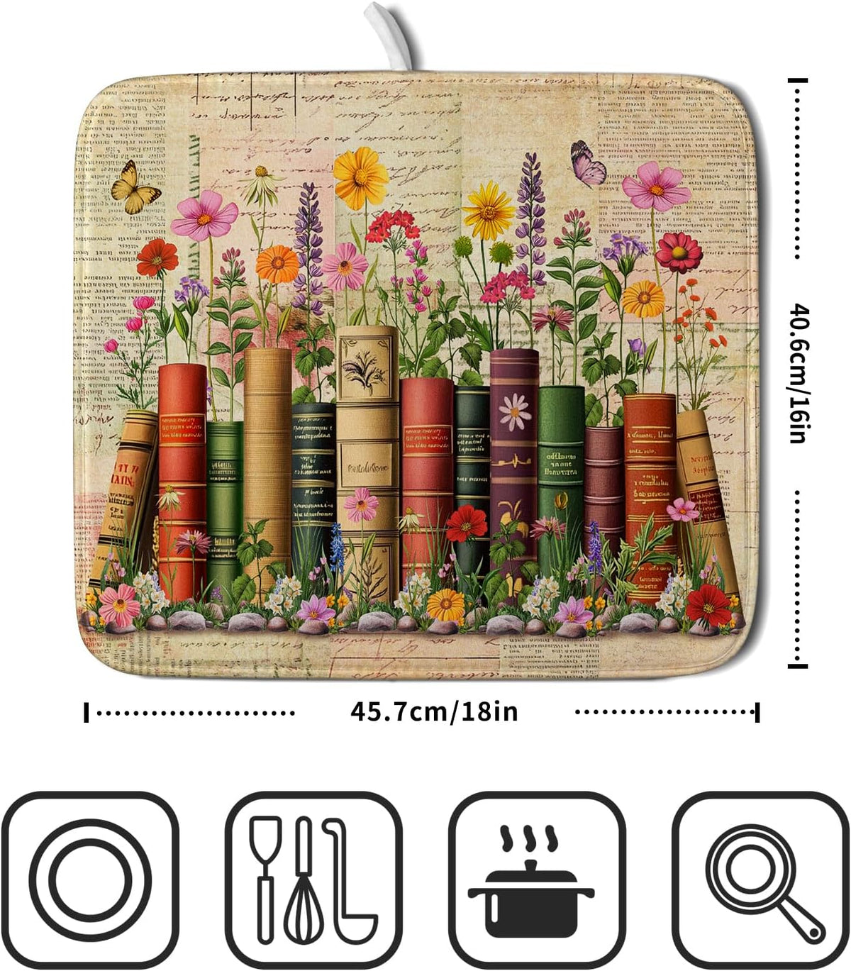 Colorful Books Kitchen Drying Mat - Watercolor Floral Drying Matt Kitchen Counter 16 X 18 In