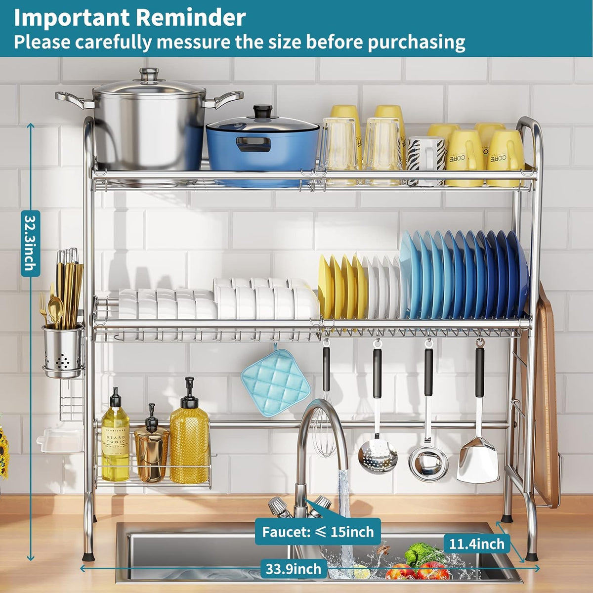 HOWDIA Stainless Steel 2-Tier Over The Sink Dish Drying Rack with Utensil Holder, Large, for Kitchen Counter