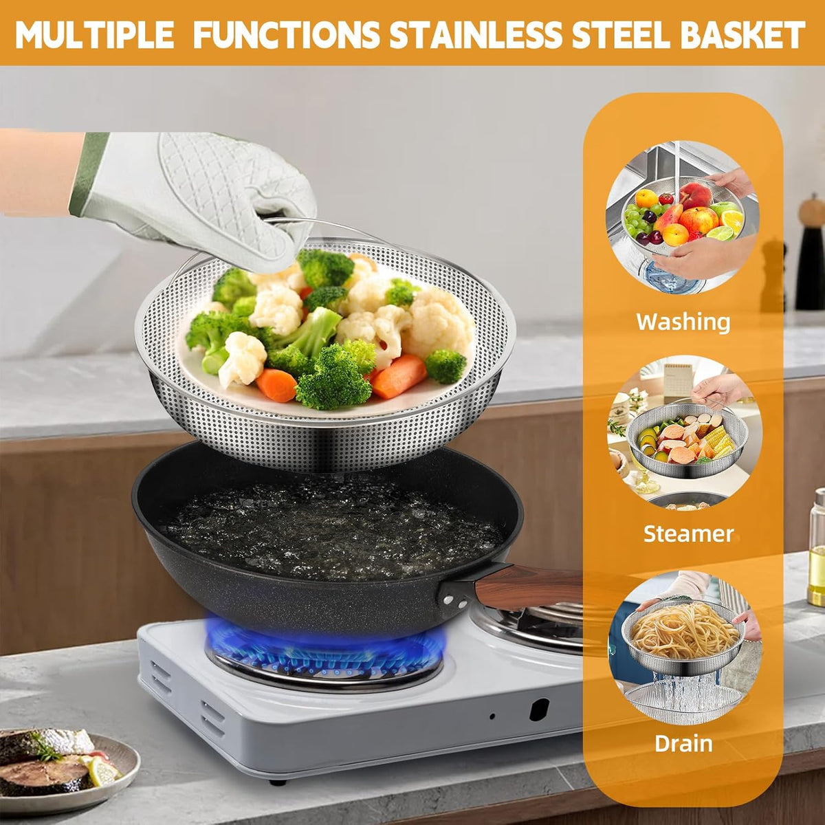 AOSION 13'' Nonstick Wok, Woks & Stir-Fry Pans Non Stick Wok with Lid and Steamer Basket Spatula Ladle, 100% PFOA Free Induction Wok Pan for Electric, Gas, Halogen, All Stoves