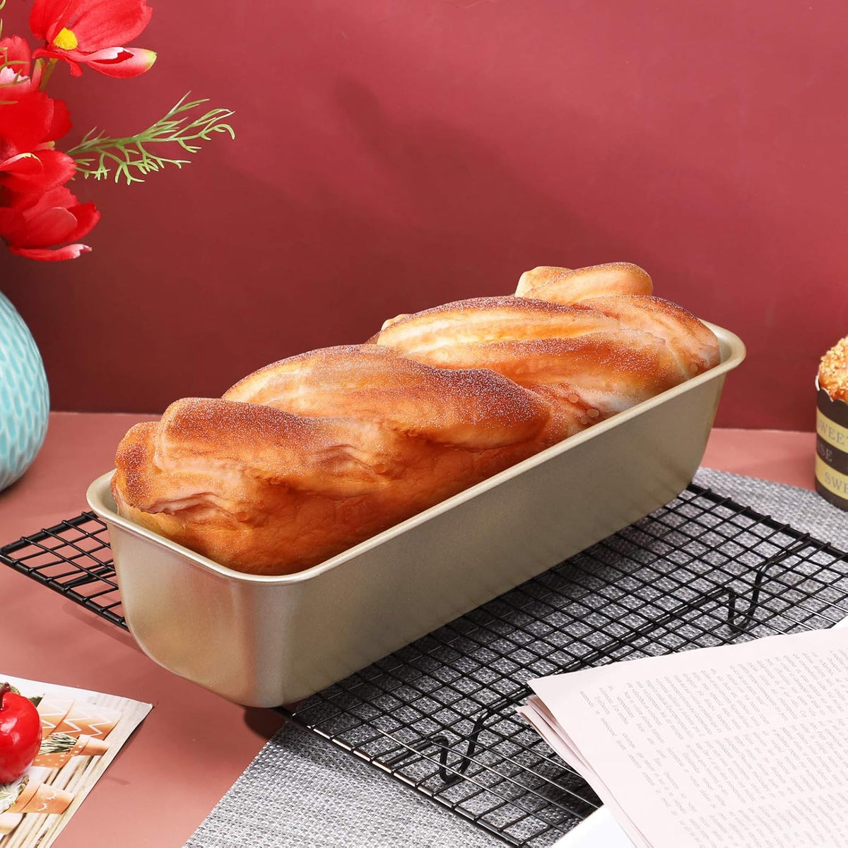 Beasea Long Loaf Pan, 12x4 Inch Rectangle Bread Loaf Pan Set of 2, Nonstick Bread Pans Carbon Steel Toast Pan Golden Cake Pan Loaf Baking Pans Bakeware for Oven Baking