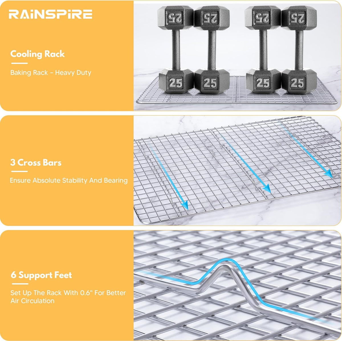 Rainspire Cooling Rack Stainless Steel, Heavy Duty Cooling Racks for Cooking and Baking, Oven Safe Wire Rack for Cooking, Baking Rack for Oven Cooking Fits Half Sheet Cookie Pan, 12" x 17", 2-Pack