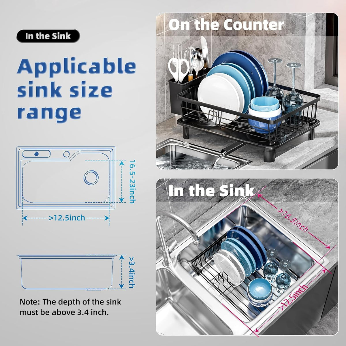 Dish Drying Rack, Stainless Steel Space-Saving Dish Rack, Dish Racks for Kitchen Counter, Kitchen Dish Drainers with Removable Utensil Holder,New Drain Outlet,Plate Rack and Drainboard, Black