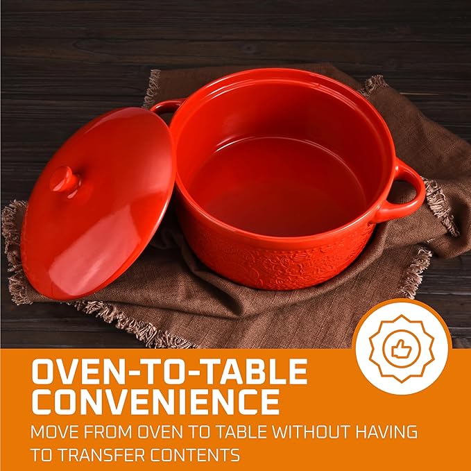 Ceramic Casserole Dish - Baking Dish Bowl Oven Safe With Lid and Handles - Covered Glass Cookware Essential for Kitchen - For Baking Dessert and Brownies, Soup - Round Bakeware for Serving Dishes