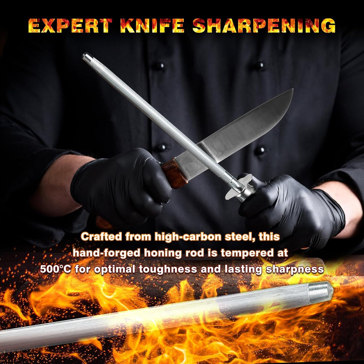 Knife Sharpener Rod, Kitchen Knives Sharpener Carbon Steel Professional Knife Sharpening Steel, Honing Rod with Hanging Holes (13 inches), Q