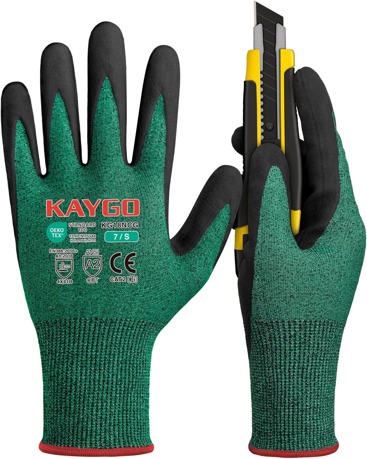 KAYGO Safety Work Gloves MicroFoam Nitrile Coated, 3 Pairs KG18N, Cut Resistant Glove with Abrasion and Oil Resistant Grip, ANSI Cut Level A2, S, Green
