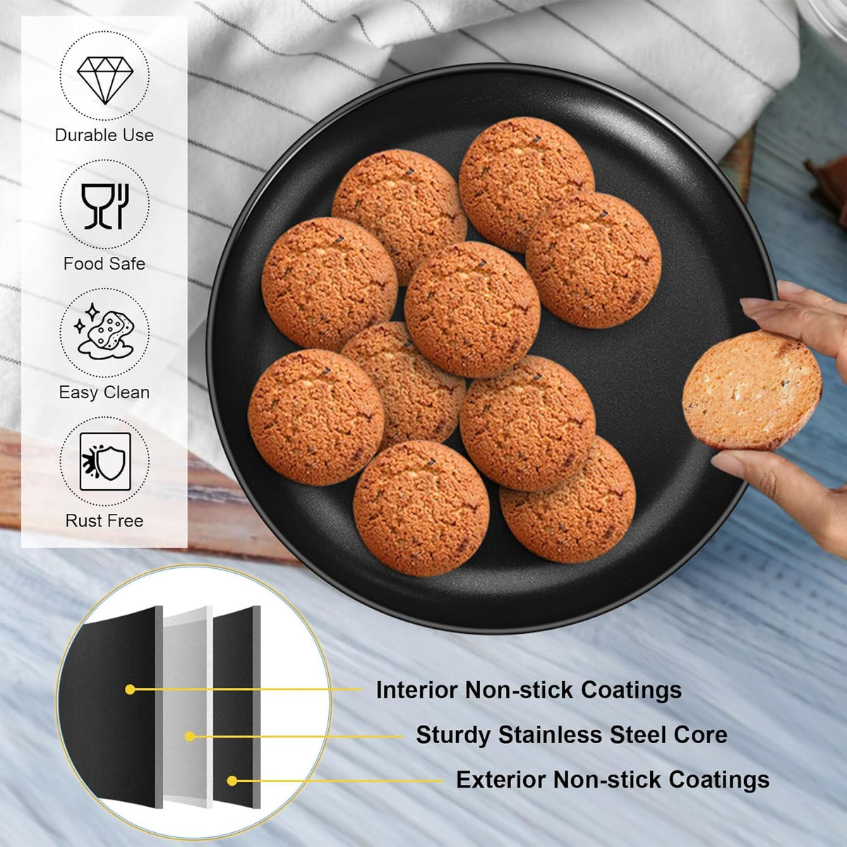 P&P CHEF Pizza Pan Bakeware for Home Kitchen, Stainless Steel Pizza Tray for Baking Pizza, Healthy & Reusable & Easy Clean, Oven & Freezer Safe, 13.5 Inch & Black