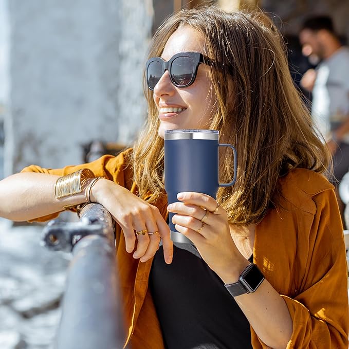20 oz Stainless Steel Tumbler with Handle Metal Insulated Coffee Travel Mug with Handle Double Wall Tumbler Cup with Lid and Straw, Navy 1 Pack