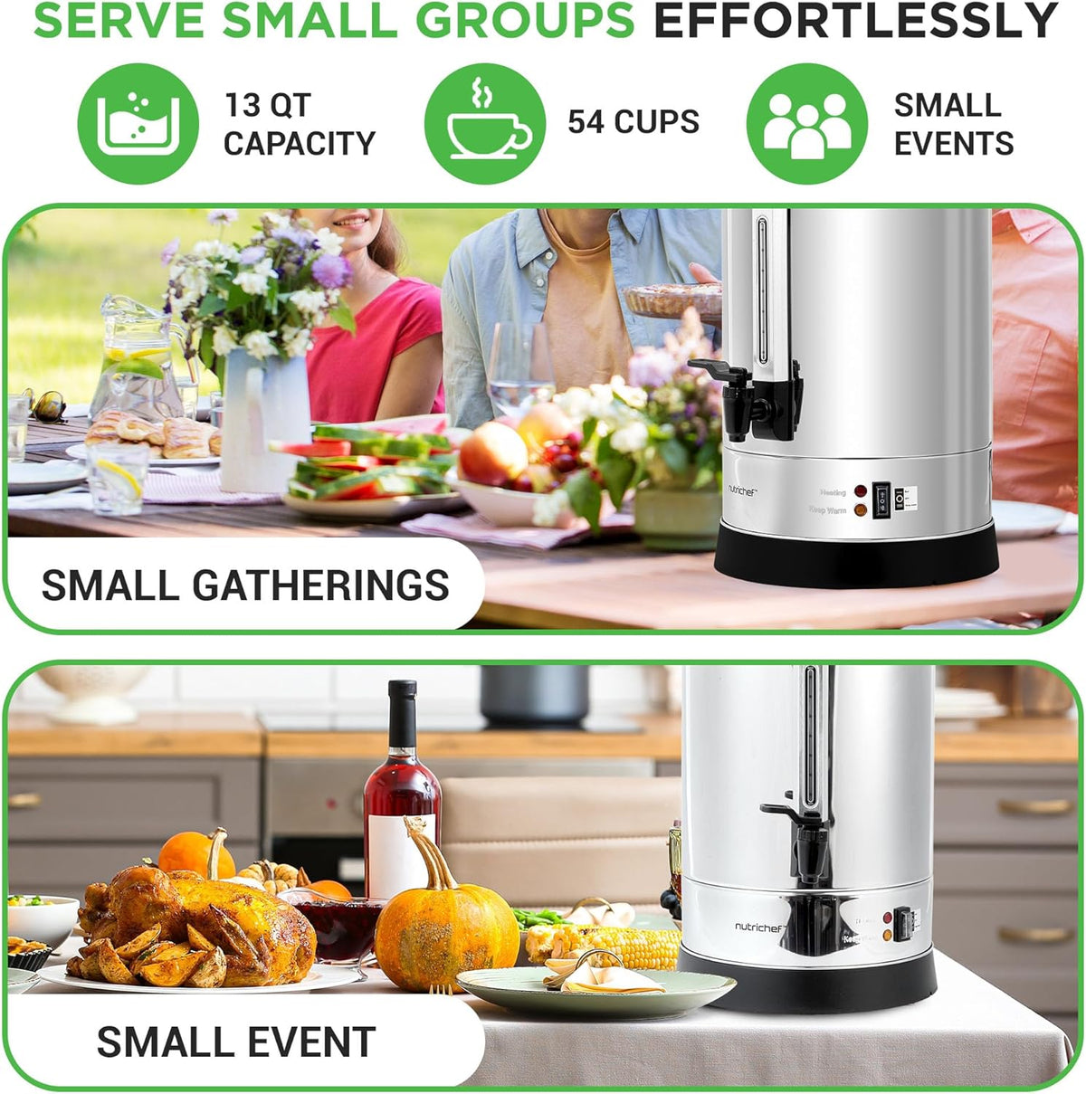 NutriChef Water Boiler and Hot Water Dispenser, 13L Electric Beverage Dispenser with Safety Lock Lid, Non-Drip Tap, Warm Function, Food Grade Stainless Steel, Home and Commercial Use, 20x11x11 in.