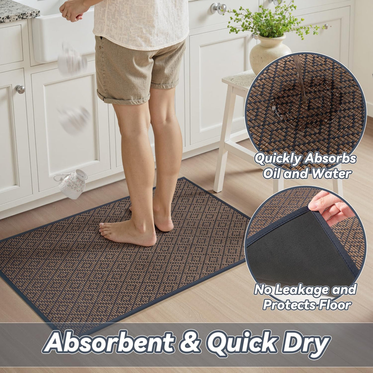 PADOOR Kitchen Floor Mat, Rubber Backed Kitchen Rugs Non Slip Washable, Super Absorbent Kitchen Mats for Floor Front of Sink, 20"x32" Blue