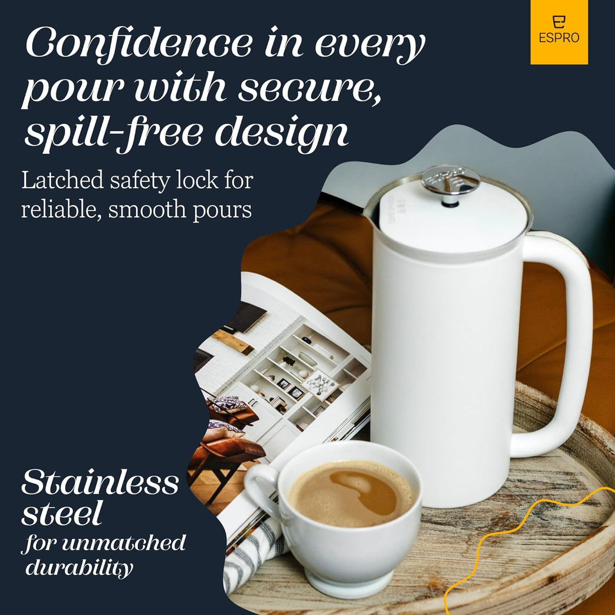 ESPRO P7 French Press Coffee Maker - Double-Walled Stainless Steel Insulated with Micro-Filter, 18 Ounces, Matte White