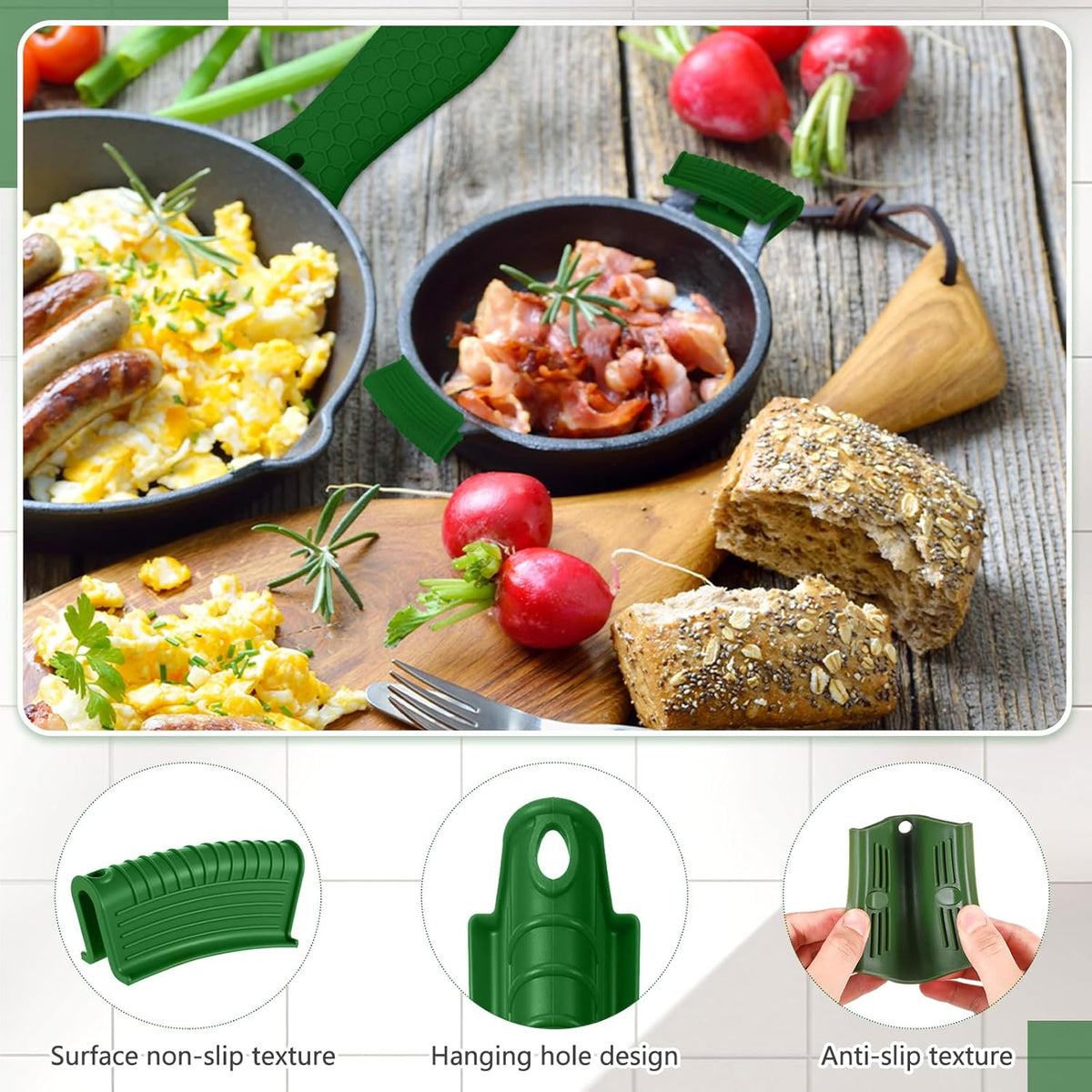 Patelai 8 Pcs Silicone Pot Holders Cast Iron Handle Cover Heat Resistant Pot Handle Covers Potholder Non Slip Reusable Pan Sleeve for Frying Pan Kitchen Supplies (Matcha Color)