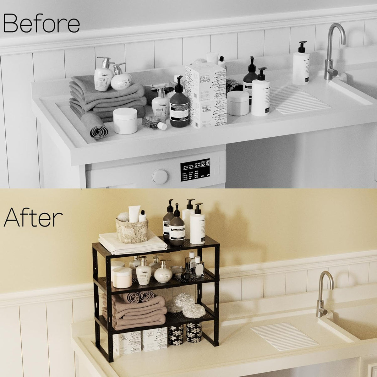 Heavy-Duty Adjustable Metal Shelf Organizer - Expandable & Stackable Pantry Storage Rack for Kitchen, Bathroom, RV, Cabinets(1 Pack/Black, Large)