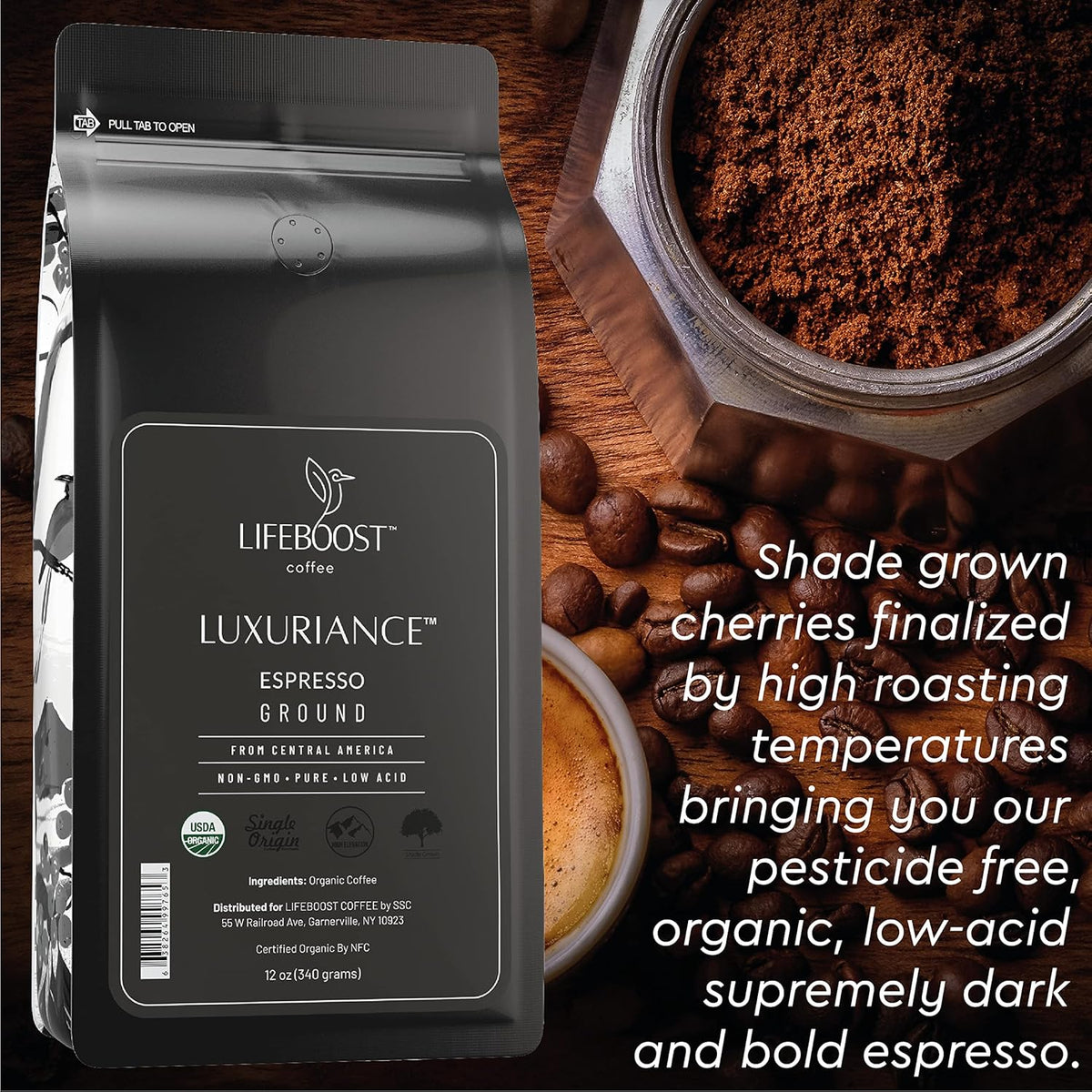 Lifeboost Espresso Ground Coffee - Non-GMO Low Acid Single Origin USDA Organic Espresso Coffee - Third Party Tested For Mycotoxins & Pesticides (Espresso Ground, 12oz, Pack of 3)