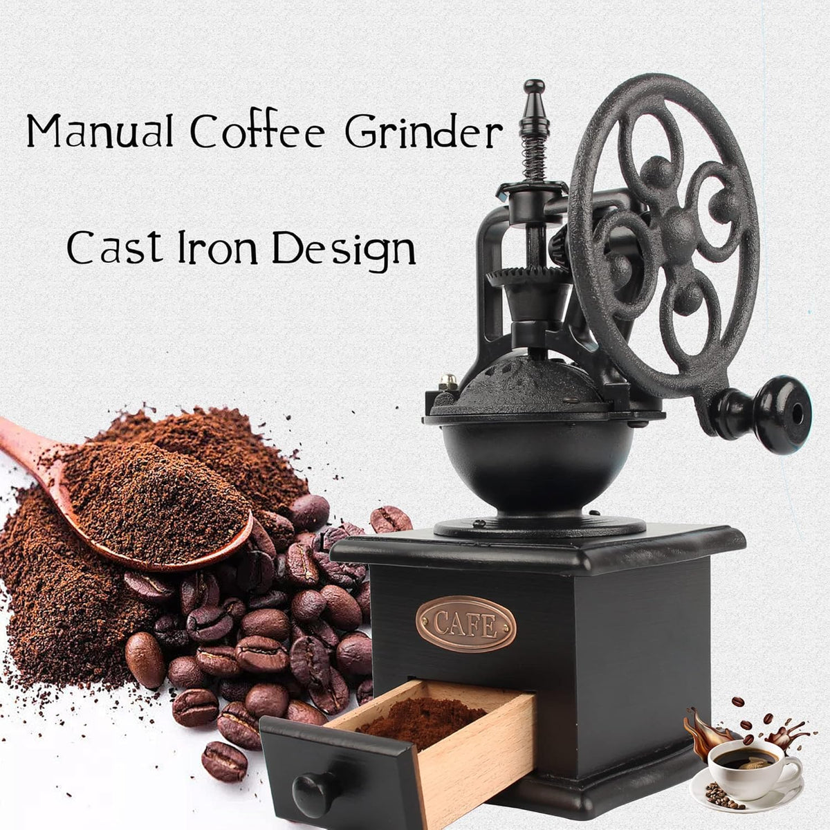 Coffee Grinder,Wooden Coffee Bean Grinder Manual Coffee Grinder Roller, Antique Coffee Mill with Cast Iron Hand Crank for Making Mesh Coffee, Decoration, Best Gift (Black (four deformation base))