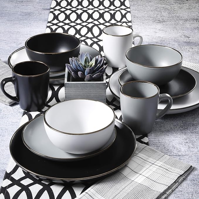 Gibson Home Rockaway Round Stoneware Dinnerware Set, Service for 4 (16pcs), Matte White/Metallic Rim