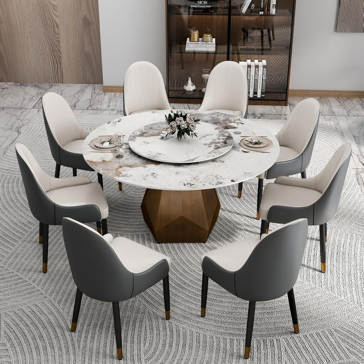 Montary 9 Piece Dining Table Chairs Set, Modern Dining Table Set of 8, Includes 59" D Marble Round Table with Antique Brass Metal Base, 8 Gray White Dining Chairs for Home, Kitchen