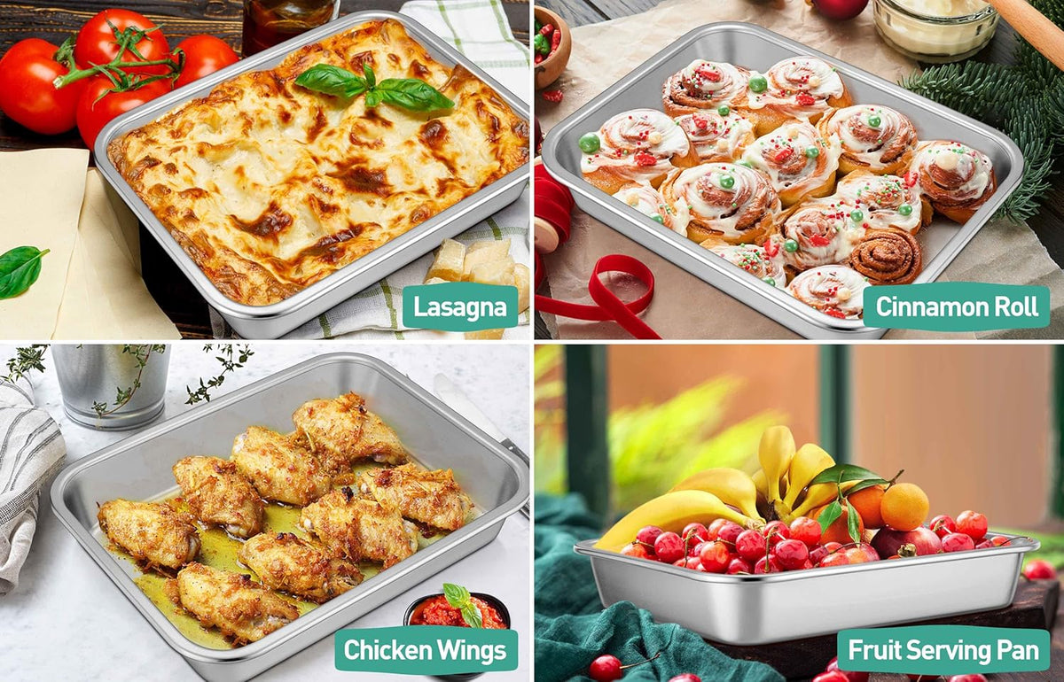 TeamFar Lasagna Pan, 10.5 x 8 x 1.7 inch Stainless Steel Rectangle Cake Pan Brownie Pan Set for Roasting Baking, Non Toxic & Healthy, Oven & Dishwasher Safe, Brushed Surface & Wider Edge - Set of 2