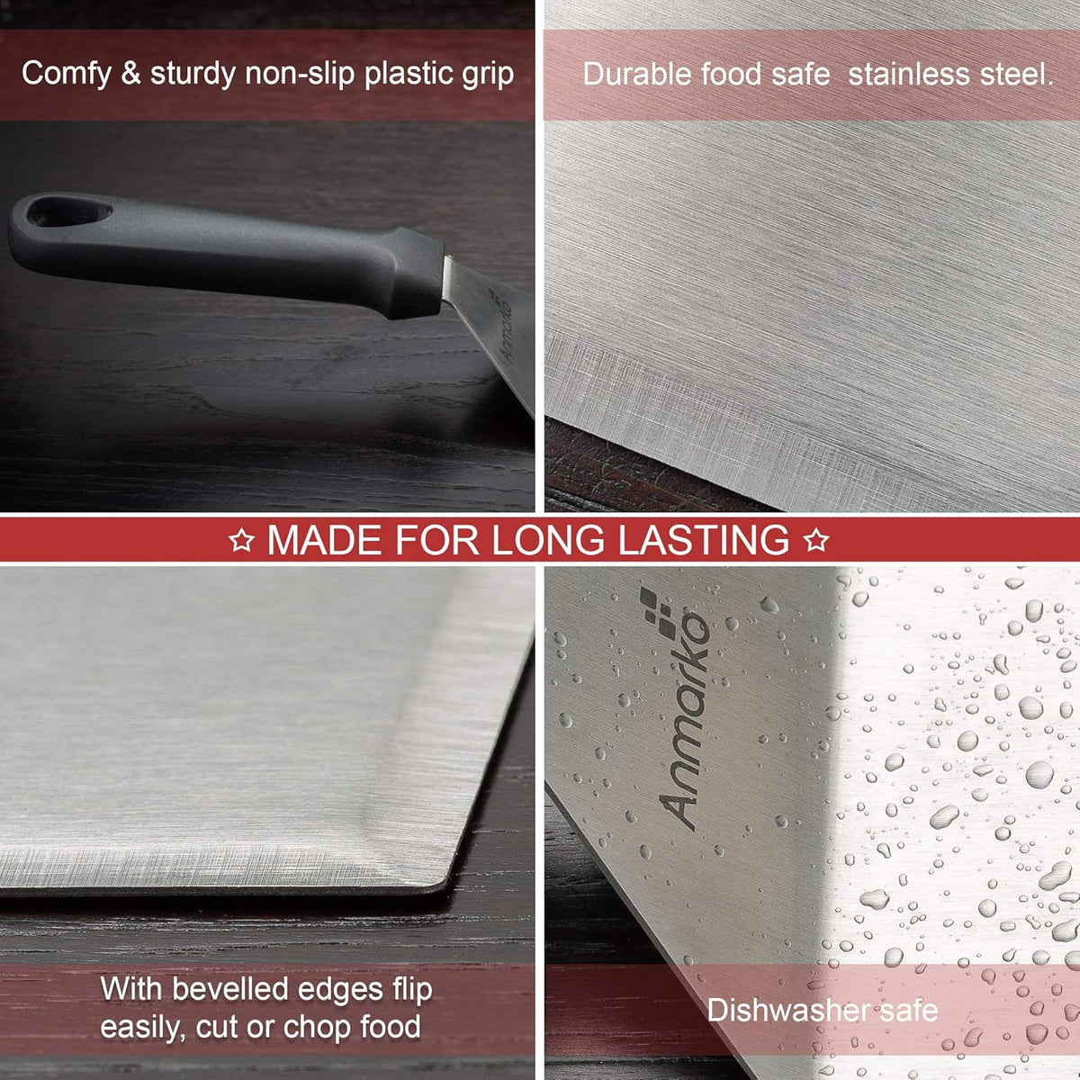 Metal Spatula Stainless Steel and Scraper - Professional Chef Griddle Spatulas Set of 3 - Heavy Duty Accessories Great for Cast Iron BBQ Flat Top Grill Skillet Pan - Commercial Grade