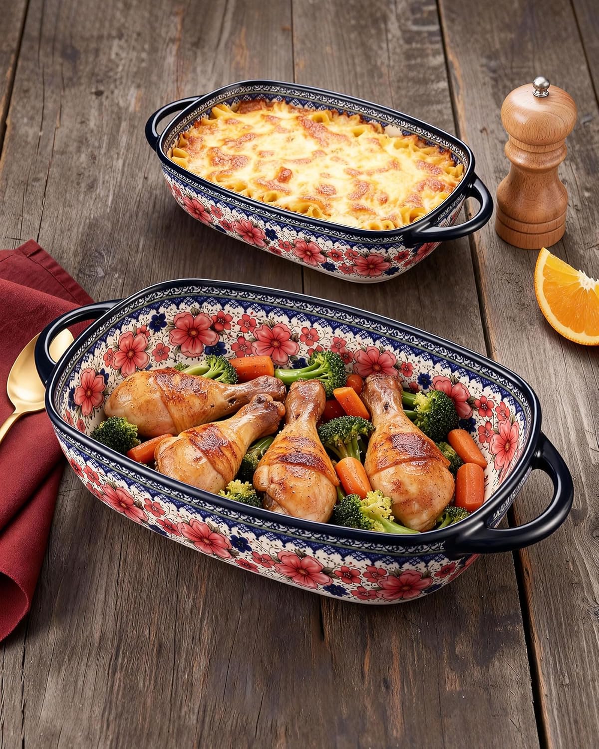 Polish Pottery Style Ceramic Baking Dish Set of 2 – Decorative Casserole Dishes with Handles, Cute Oven-Safe Lasagna Bakeware Gift Set