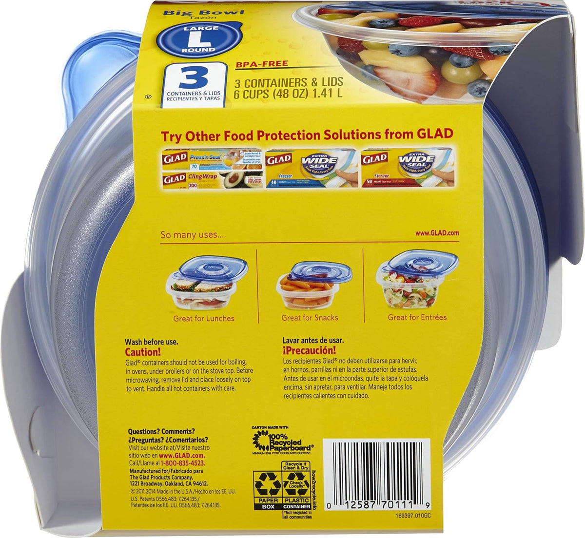 Glad Big Bowl Food Storage Containers, Large Round - (48 Oz) - 3 Count, Standard