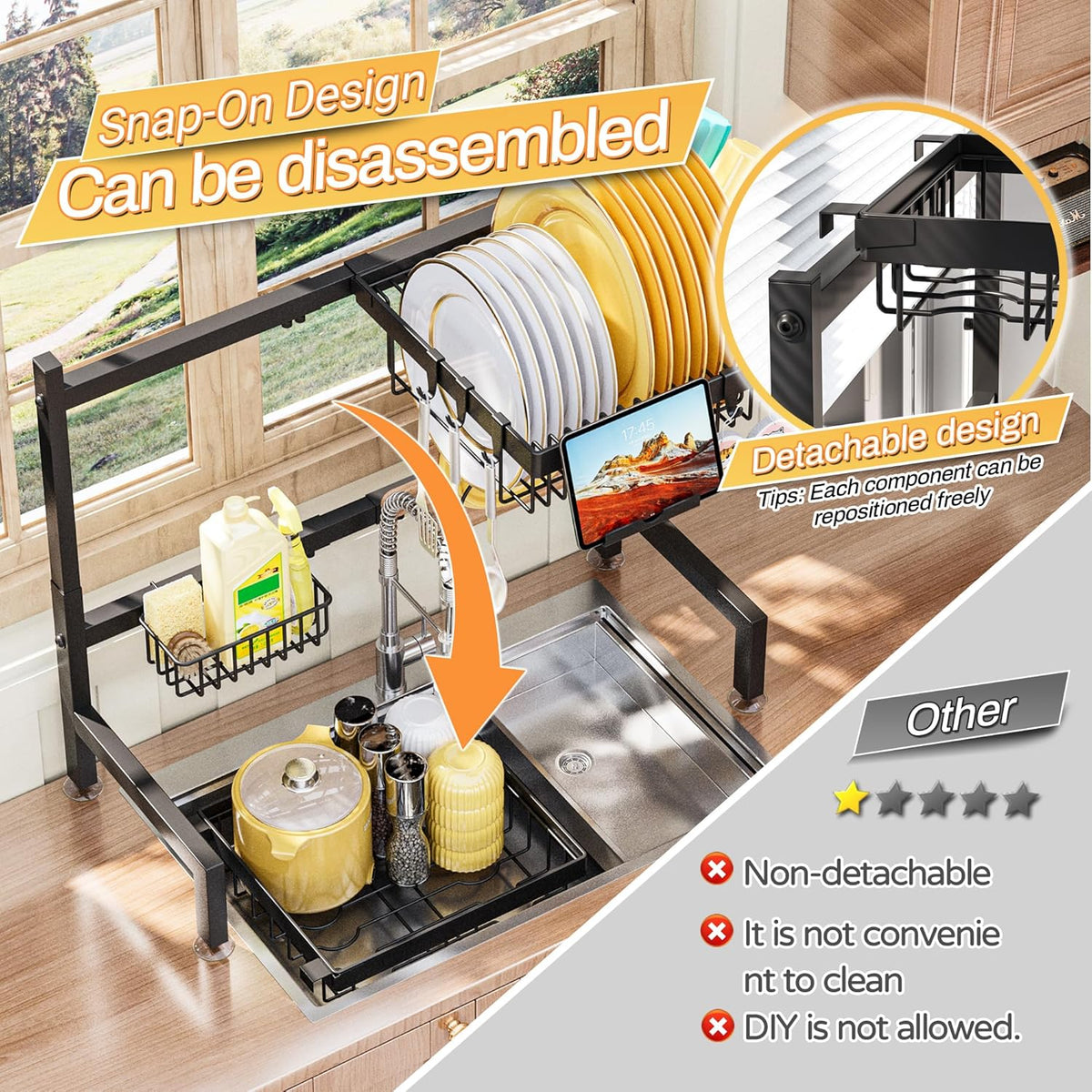 ADBIU Over The Sink Dish Drying Rack (Expandable Height and Length) Snap-On Design 2 Tier Large Dish Rack
