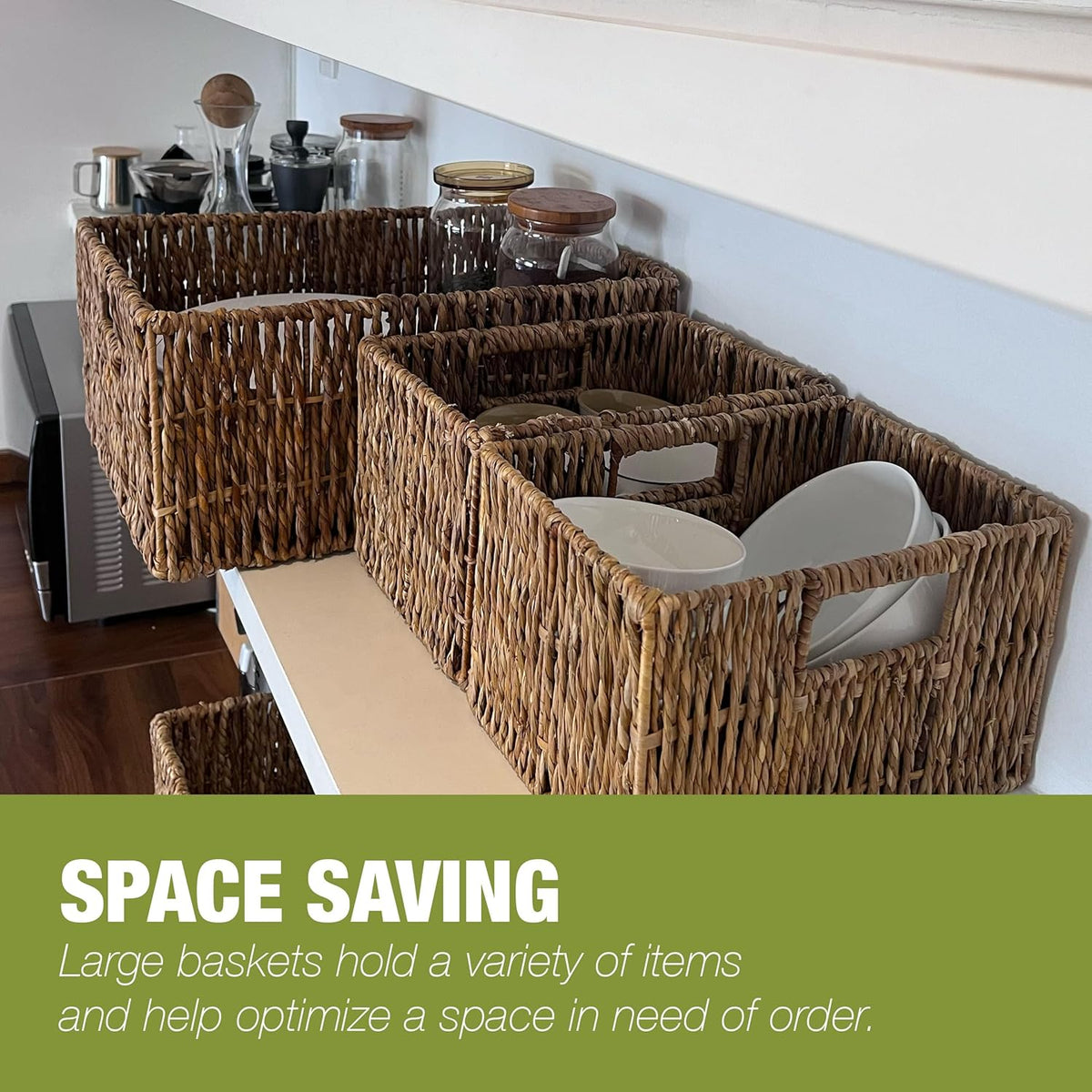 Wicker Basket Set – Stackable Storage Bins for Organizing Pantry & Kitchen – 1 Large Basket + 2 Small Baskets with Handle – Wicker Storage Baskets for Shelves & More