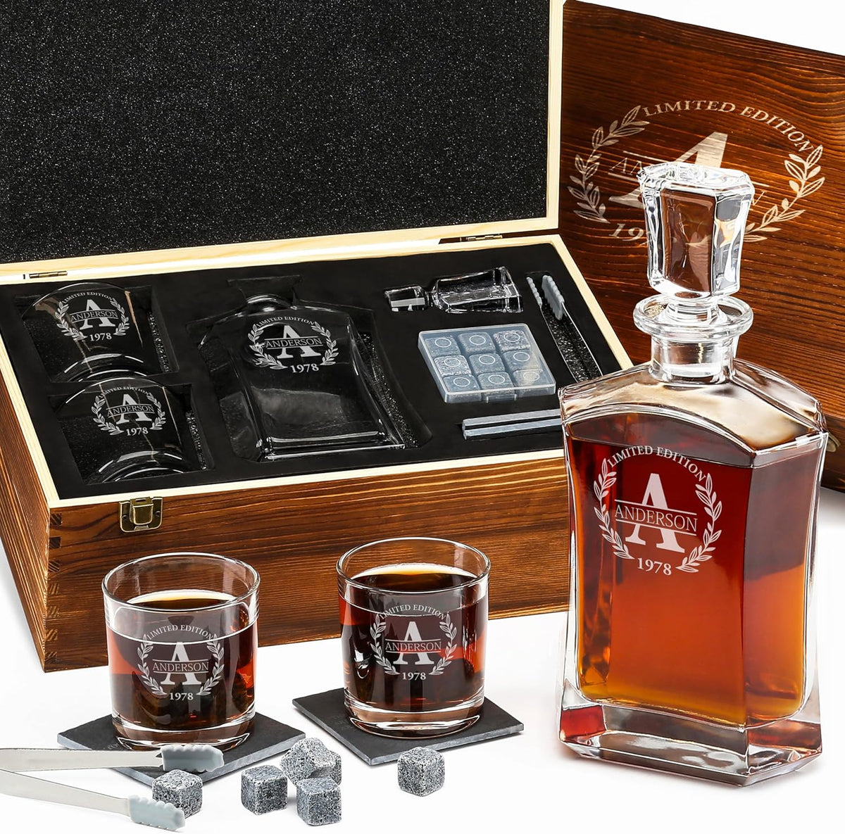 Personalized Whiskey Decanter and Stones Set - Customized Gift for Him - Men, Dad, Father - Engraved Old Fashioned Decanter, Glasses, 9 Granite Stones in Container, Coasters, Tongs in Wooden Gift Box
