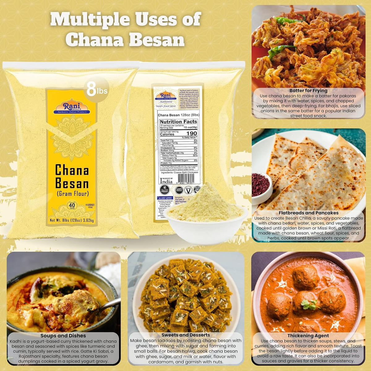 Rani Chana Besan (Chickpeas Flour, Gram) 128oz (8lbs) 3.63kg Bulk ~ All Natural | Vegan | Gluten Friendly | NON-GMO | Kosher | Indian Origin