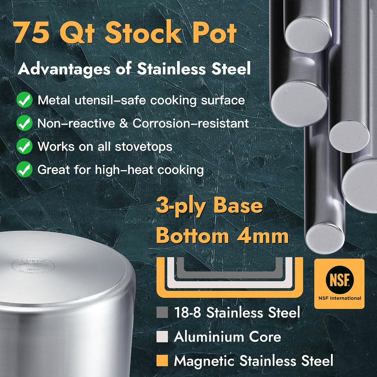 CURTA 75 Quart Large Stock Pot with Lid, NSF Listed, 3-Ply Clad Base, 18/8 Stainless Steel Cooking Pot, Commercial Cookware, Induction Ready, 17.7"D x 18.7"W x 17.7"H