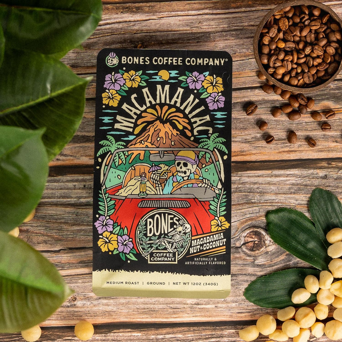 Bones Coffee Company Macamaniac, Macadamia and Coconut Flavored Coffee, Medium Roast Low Acid Arabica Beans Compatible with Auto drip and French Press Coffee Maker, 12 Oz Ground