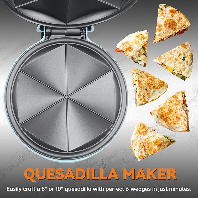 Baker's Friend Electric Quesadilla Maker with Extra Stuffing Design, 9.5 Inch with Easy Slice 6 Wedge, Non Stick Surface, Non-Slip Feet, Grilled Cheese Maker Machine, Aqua