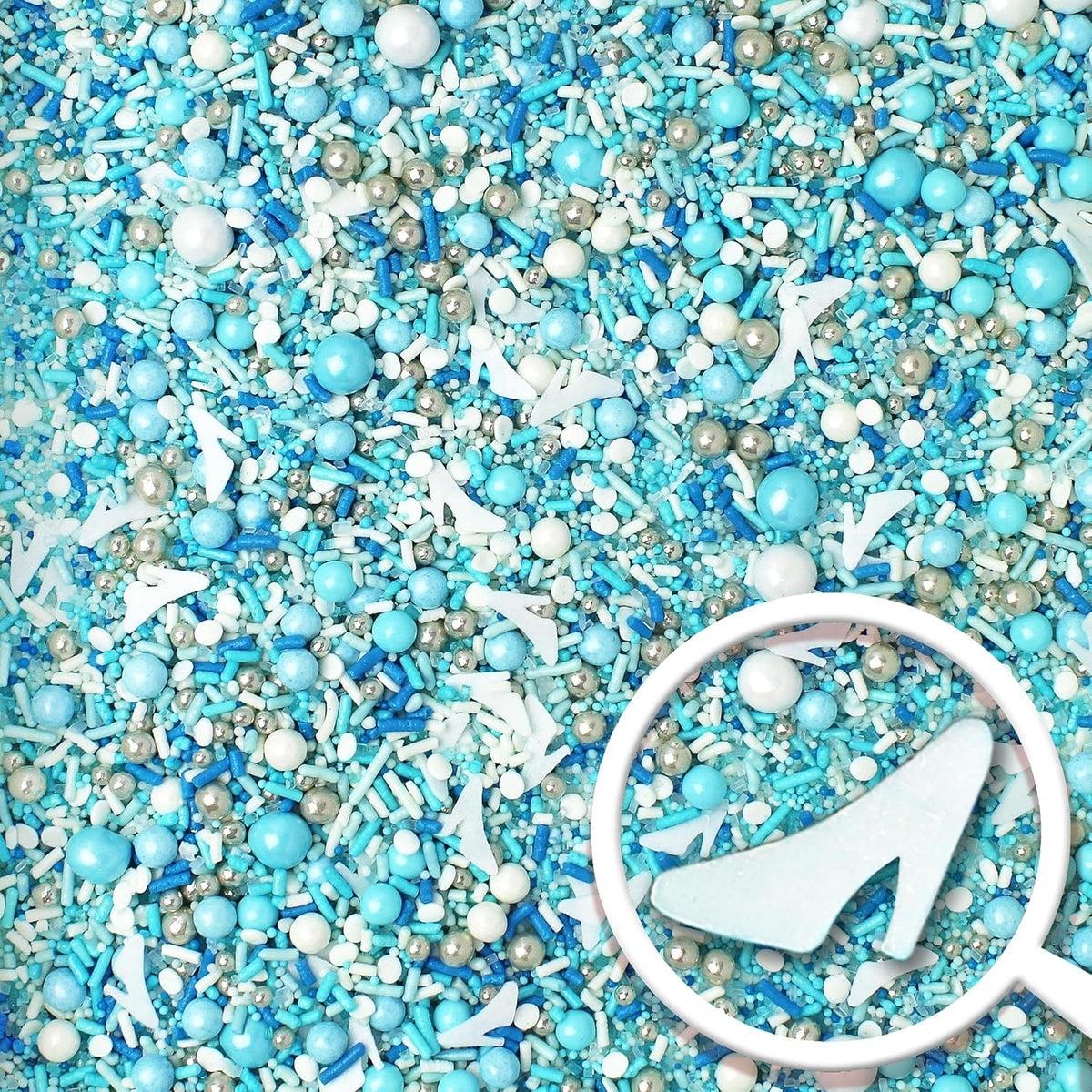 Sprinkle Pop Glass Slipper Princess Sprinkle Mix| Blue White Sprinkles with ~10 Frozen Shoe Wafer Paper and Silver Dragees| Girl Sprinkles Made in USA for Decorating Birthday Cupcakes Cake Donuts, 2oz