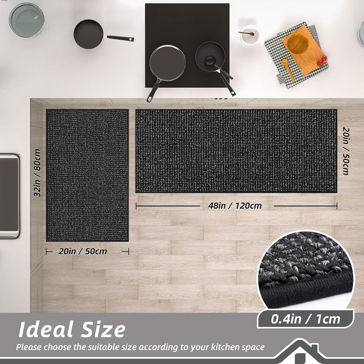 BEQHAUSE Kitchen Rugs and Mats 2PCS, Non-Slip Kitchen Mats for Floor, Absorbent and Stain Resistant Kitchen Runner, Machine Washable Rugs for Kitchen, Laundry & Sink, 20"x32"+20"x48", Black