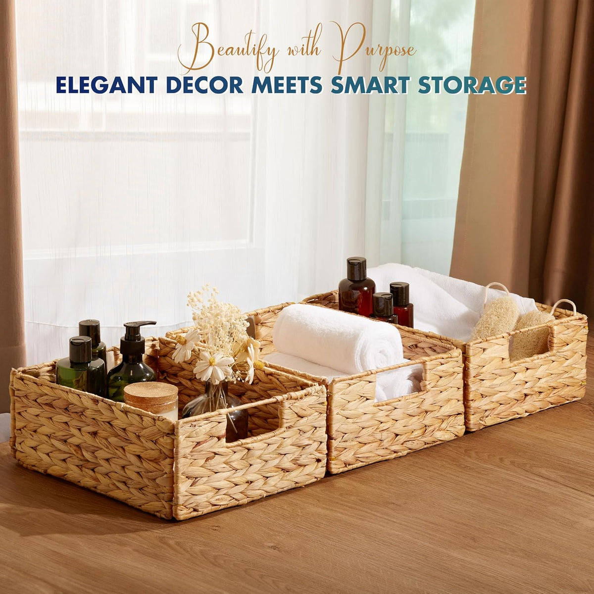 BLUEWEST Water Hyacinth Storage Baskets (Set of 6) – Woven Hyacinth Organizer with Carrying Handles, Laundry Basket for Organizing, Rattan Bin for Shelves